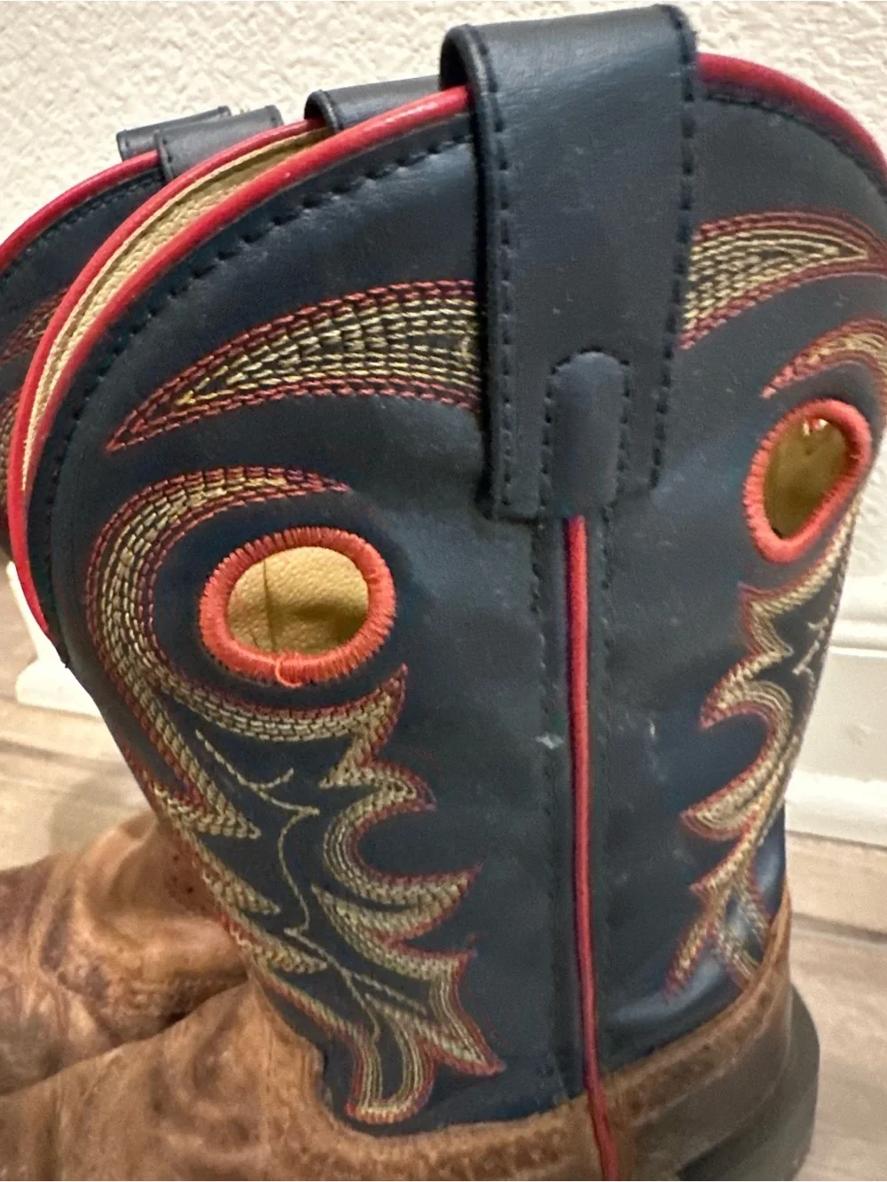 Kids Cody James Brown Leather Western Pull-On Boots with Navy Shaft and Red Trim